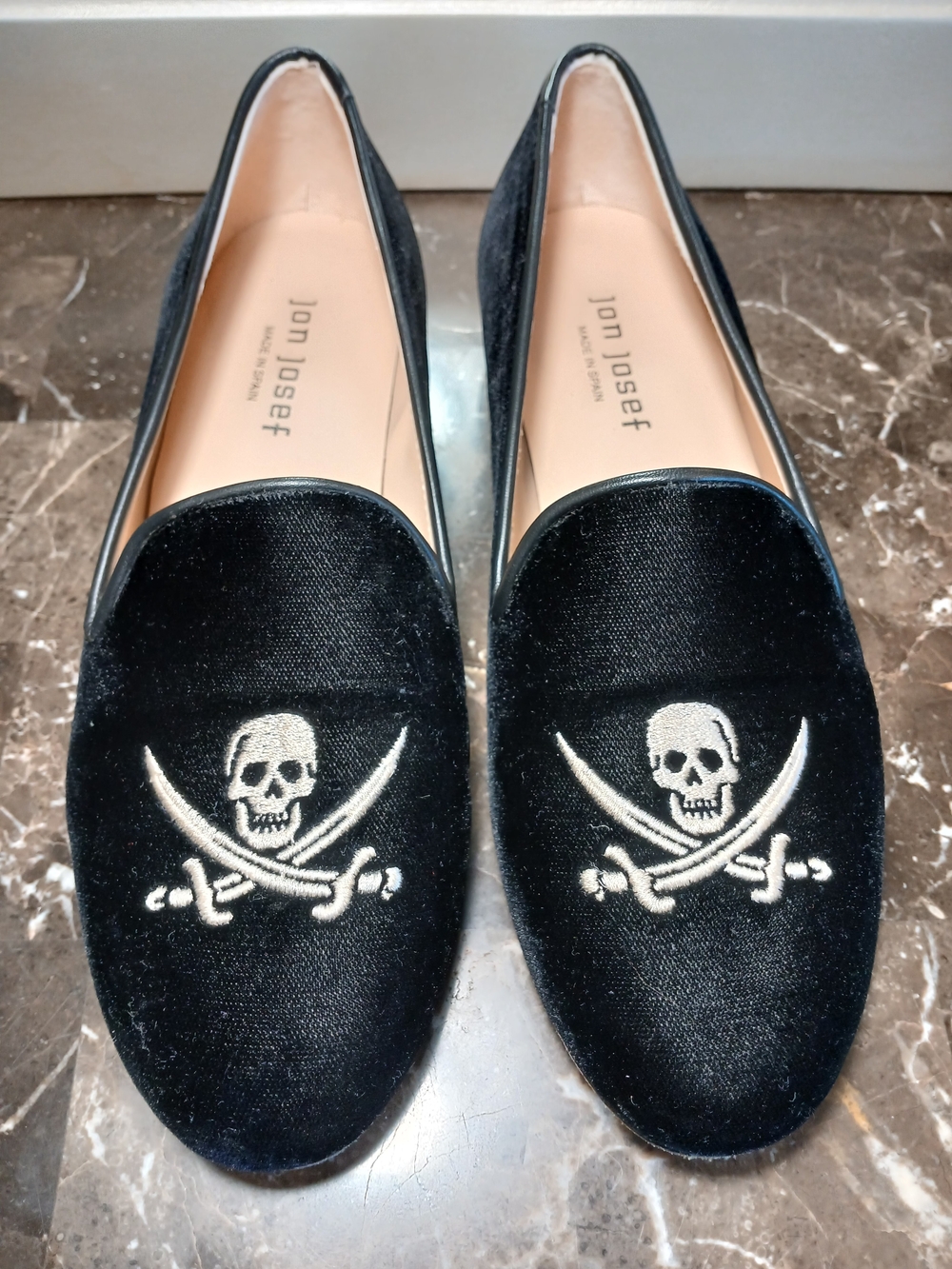 Jon Josef Black Velvet Skull Embroidered Slip-On Loafers